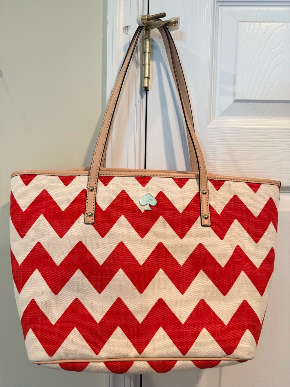kate spade Red Chevron Canvas Tote with Beige Trim